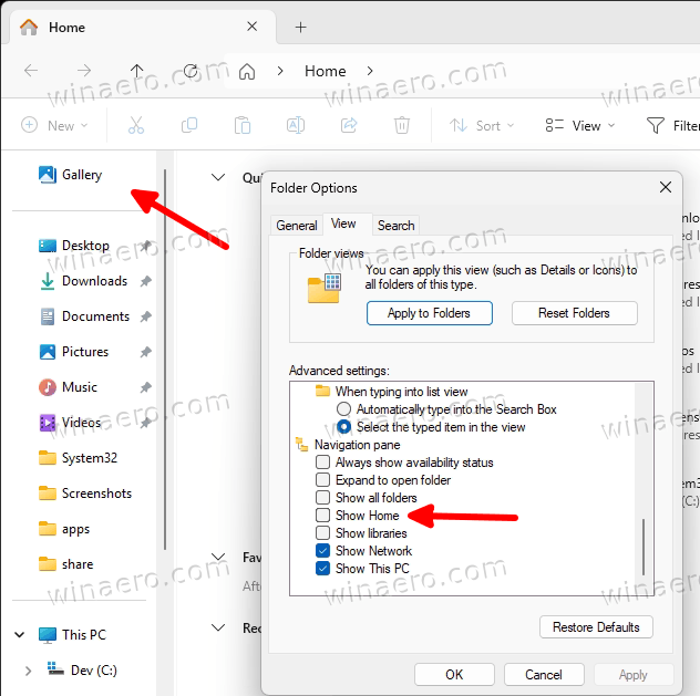 Show Home Checkbox In Folder Options