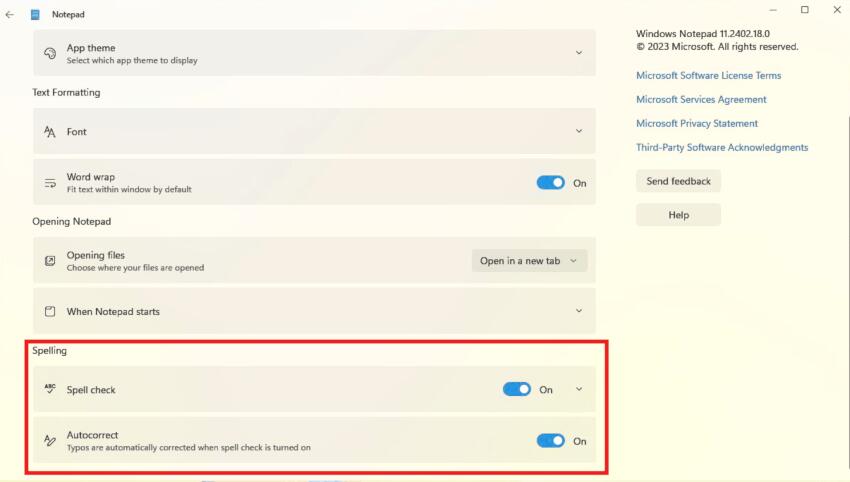 New Notepad Spelling Settings