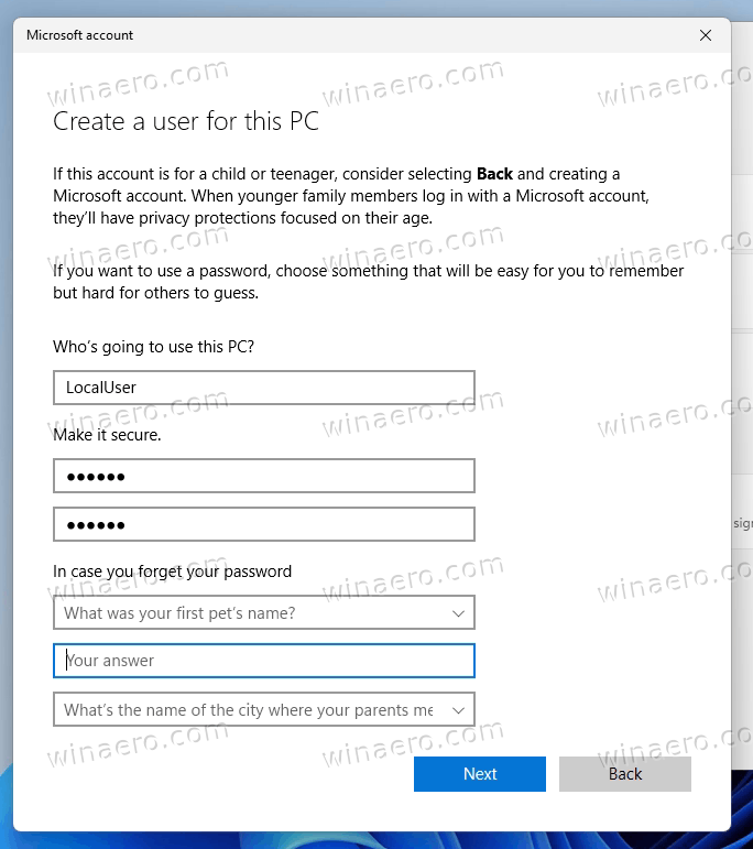 Security Questions For Local Account In Windows 11