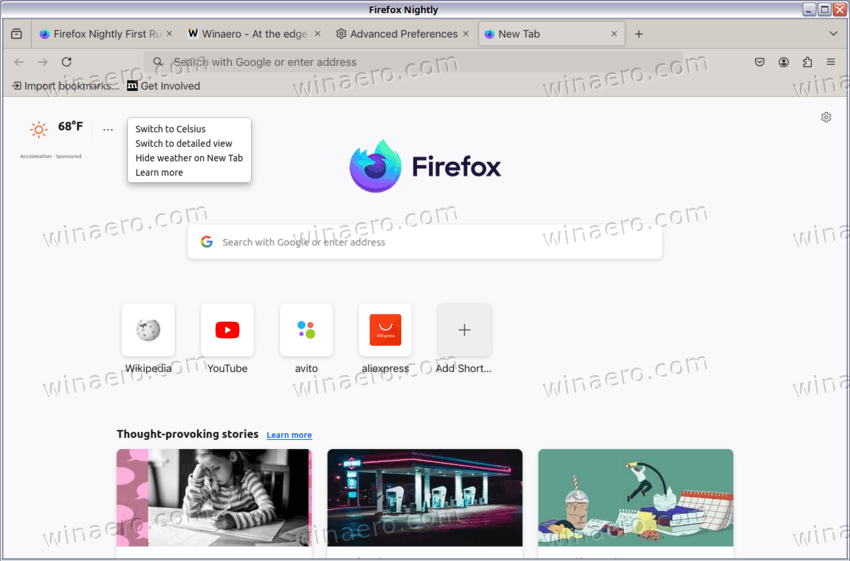 Firefox Weather Widget on New Tab Page