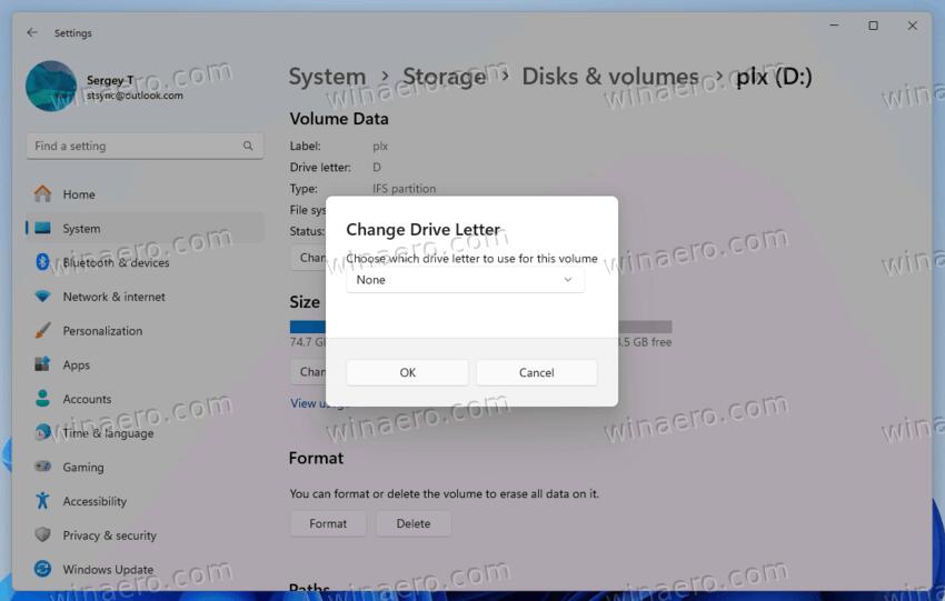 Windows 11 Remove Drive Letter - select none