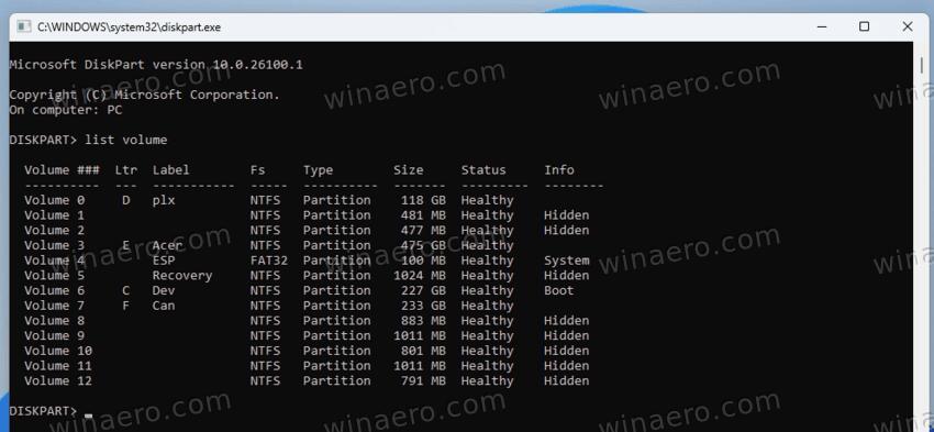 diskpart list volume