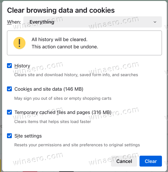 Firefox 128 Clear Browsing Data Dialog