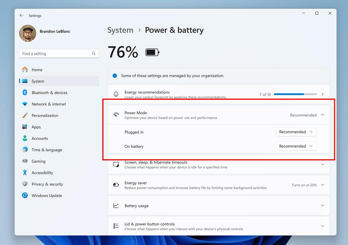 Power Battery Settings Changes