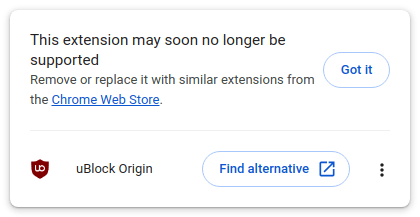 Chrome UBlock Find Alternative Warning