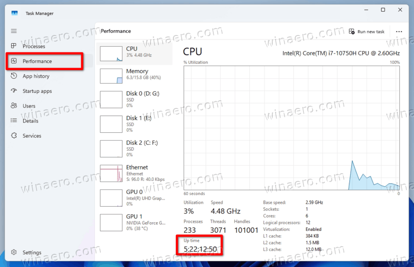 Find Uptime Windows 11