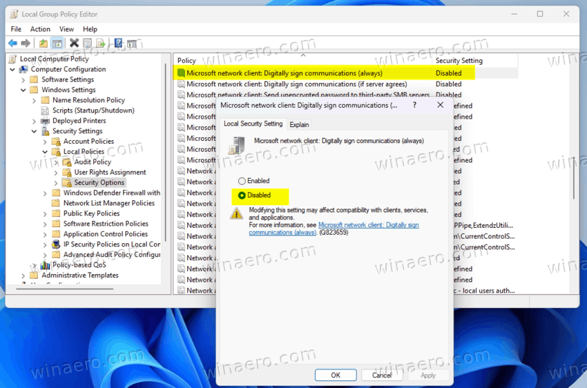 Microsoft Network Client: Digitally Sign Communication (always)