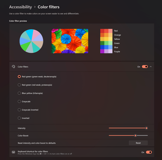 Windows 11 24H2 Color Filters Intensity Boost