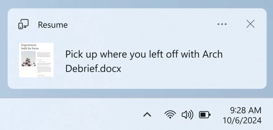 Windows 11 Resume Feature Notification