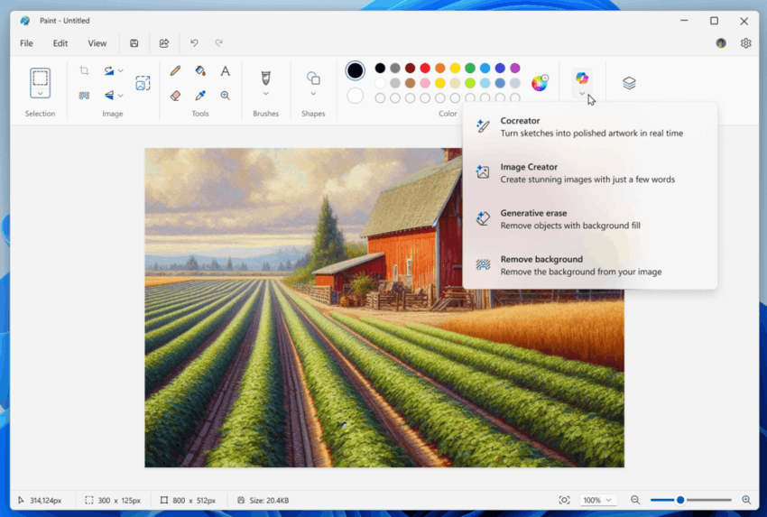 Paint Copilot Toolbar Menu Opened