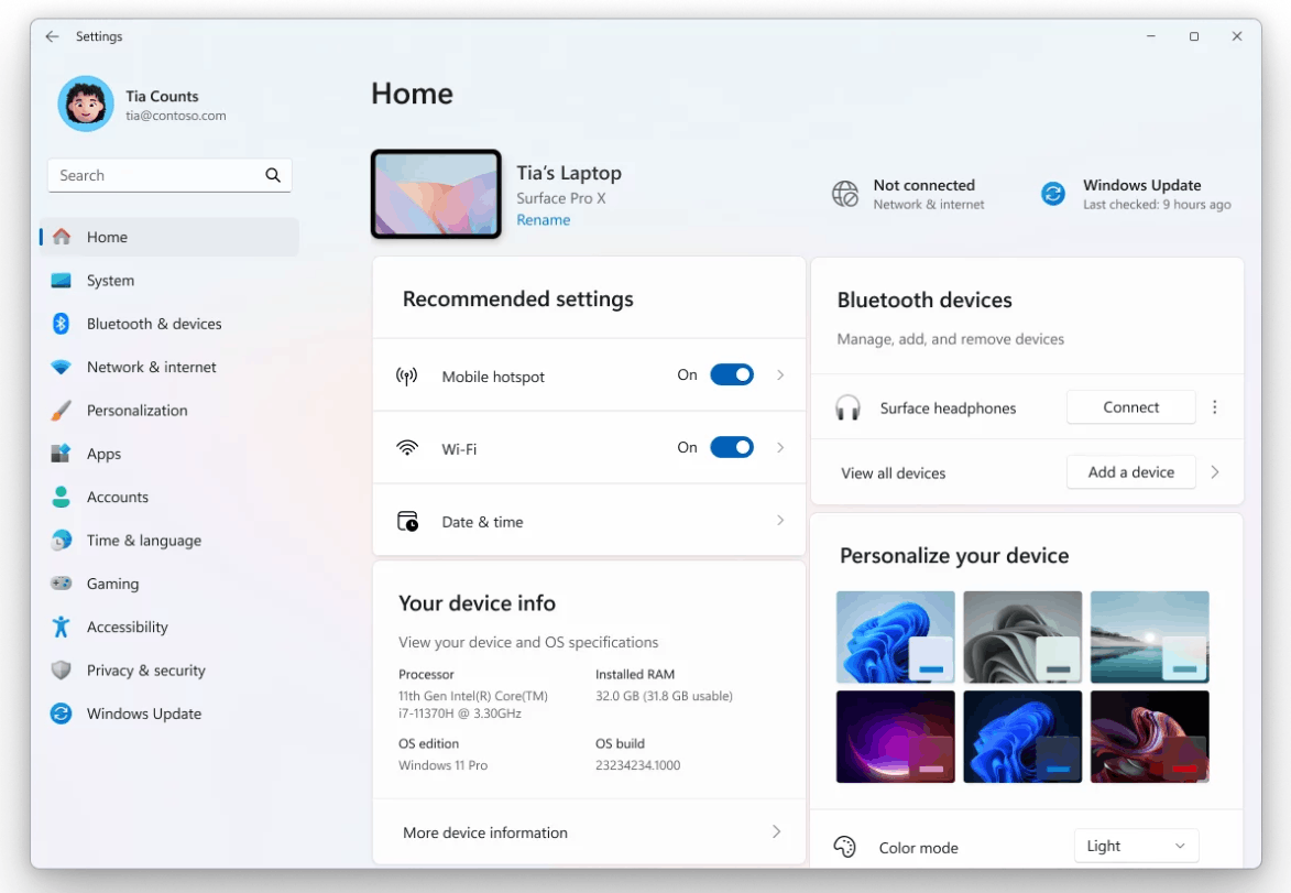 Settings Home Page For Managed Devices