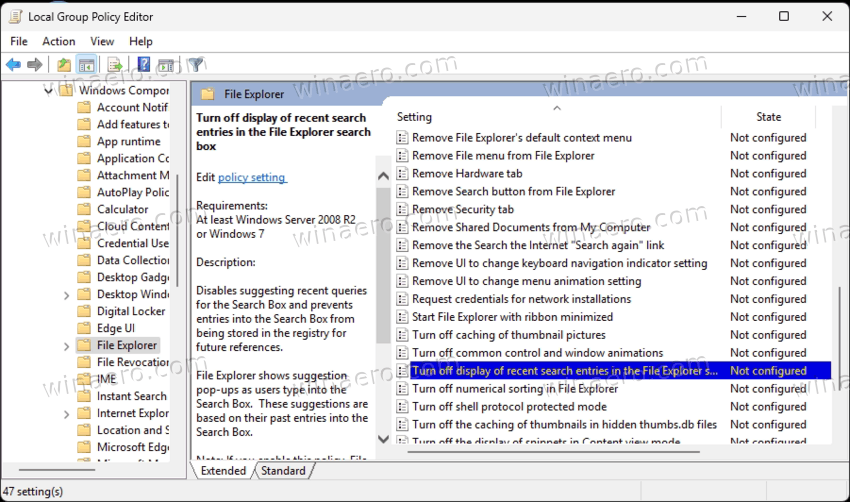 Turn Off Display Of Recent Search Entries In The File Explorer Search Box