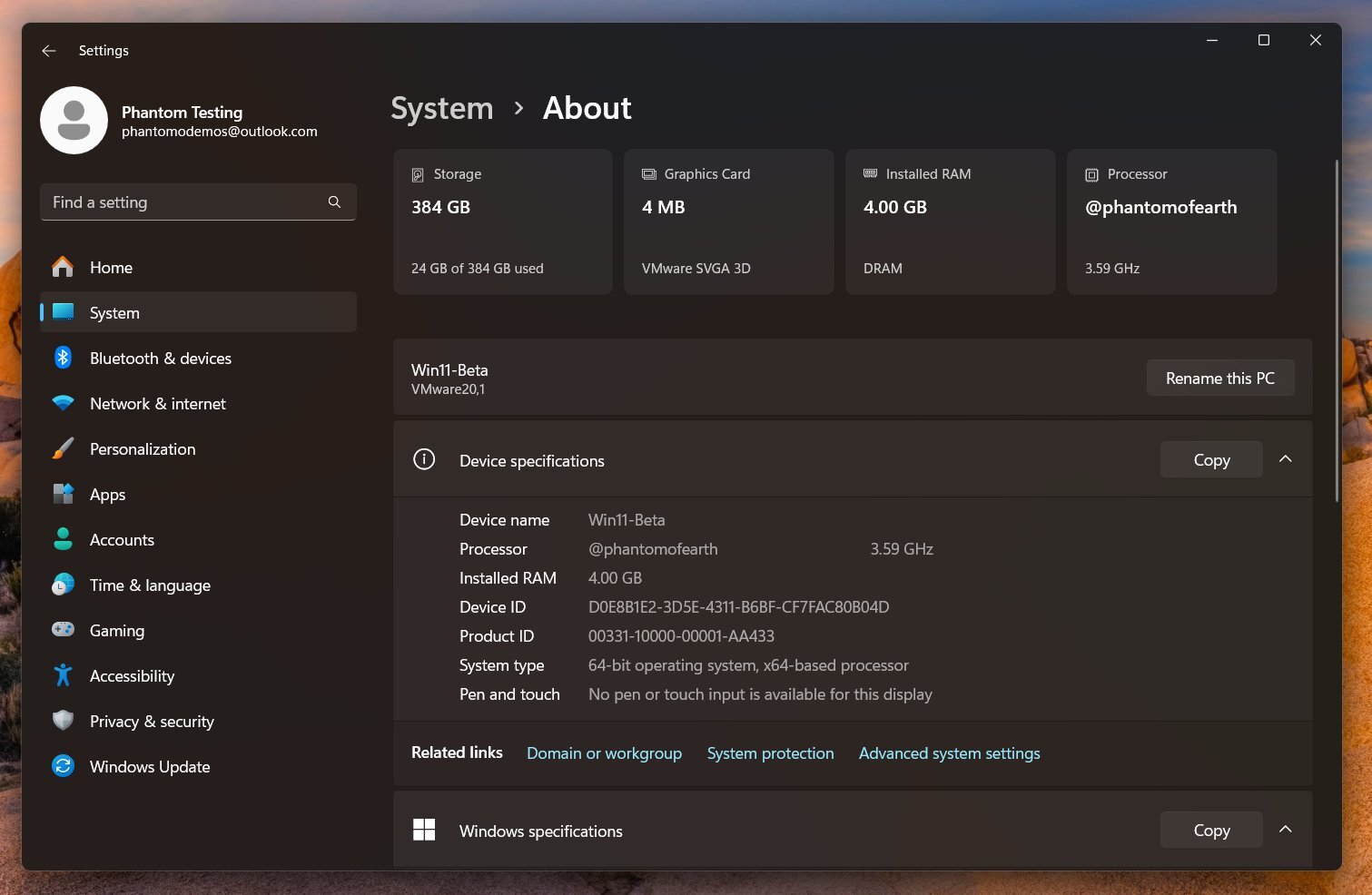 Windows 11 Settings Hardware Information Cards