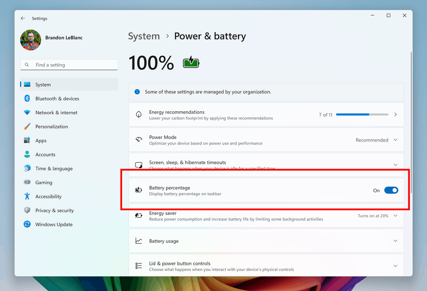 Battery Percentage Setting