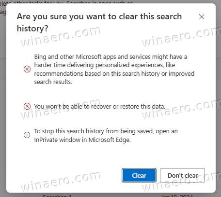 Clear Web Search Confirmation Dialog