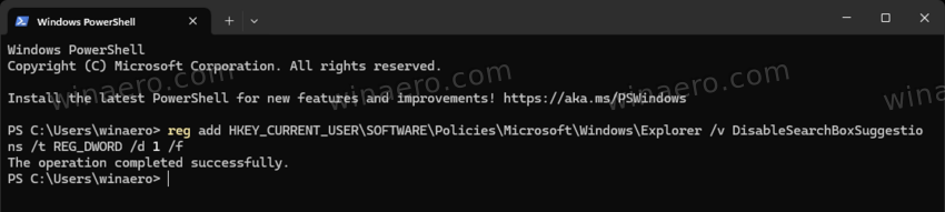 Disable Explorer Web Search From Command Prompt