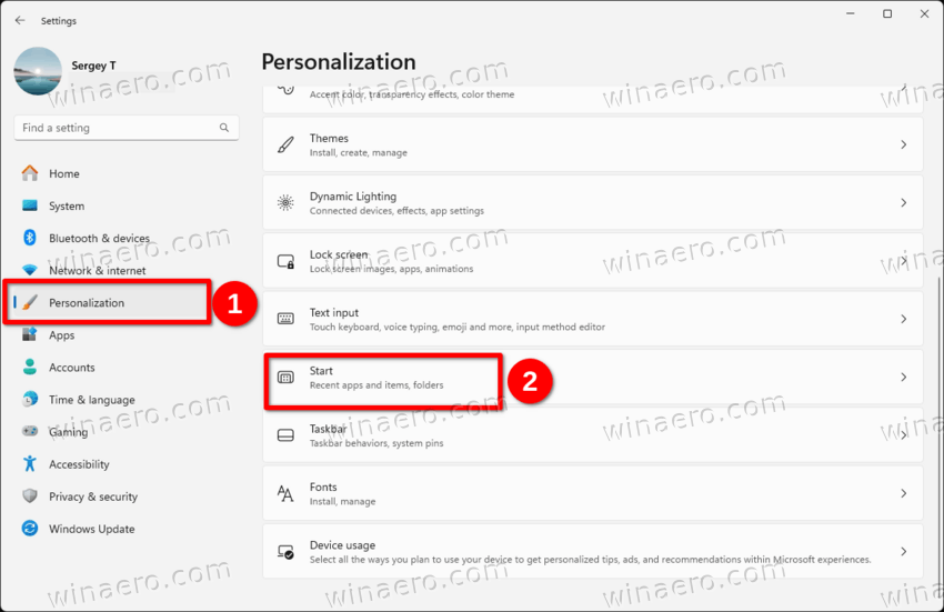 Open Settings Personalization Start