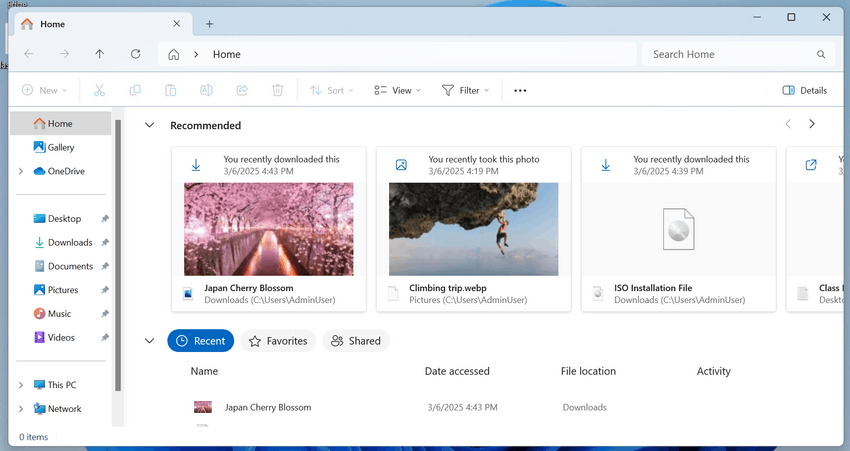 File Explorer Home Recommended