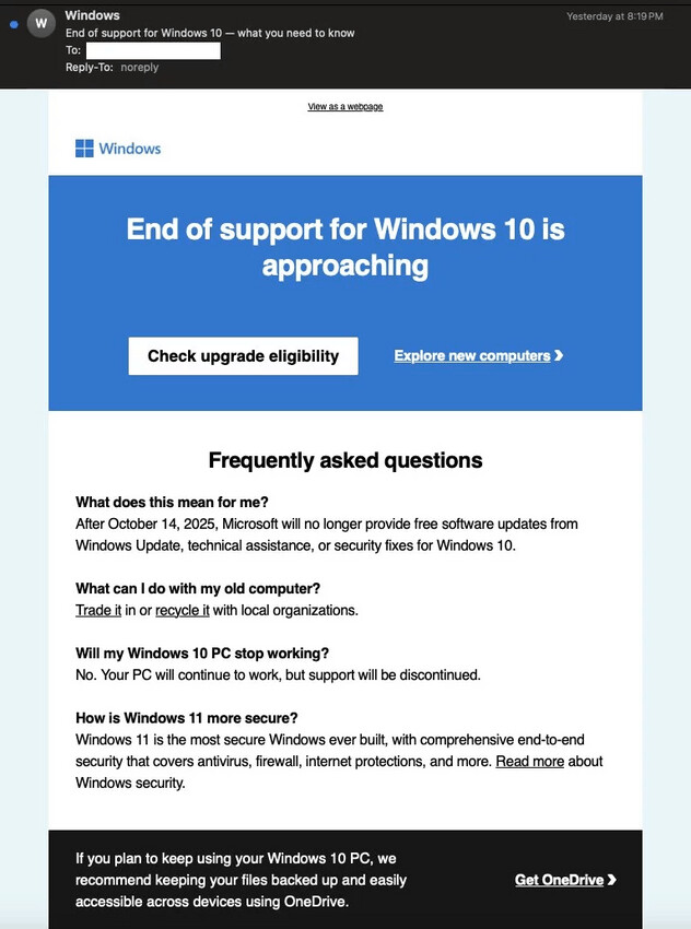 Microsoft Email Notification For Windows 10 EOL