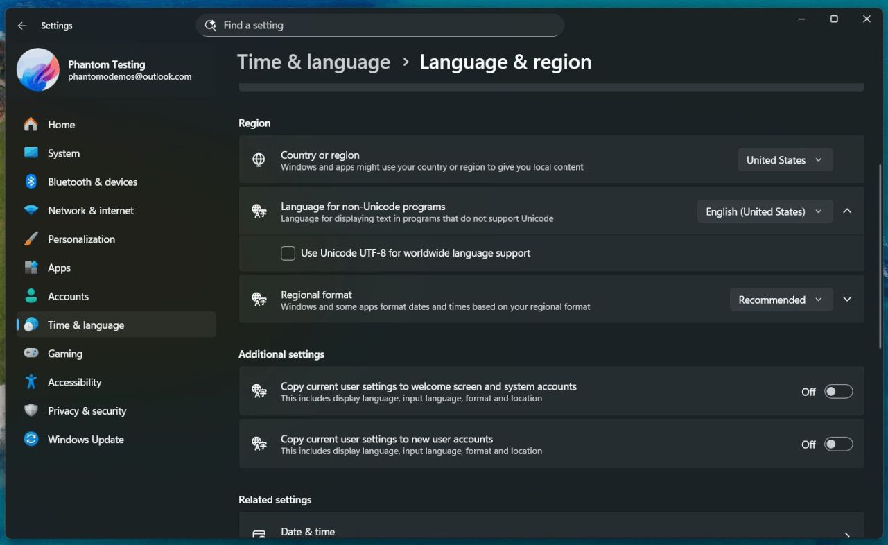 Language For Non Unicode Apps Settings Option