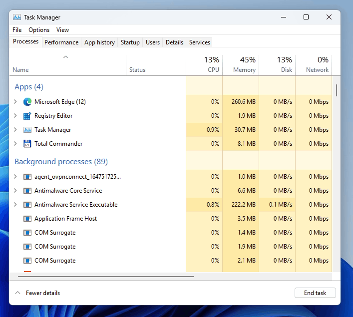 Windows 10 Task Manager on Windows 11