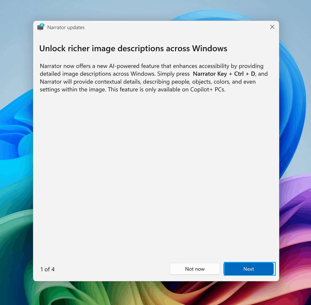 Narrator New Features Dialog