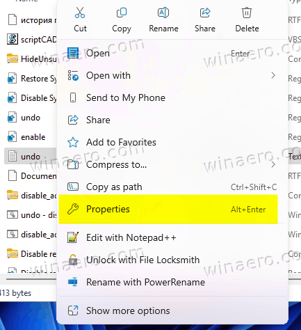 Properties Context Menu