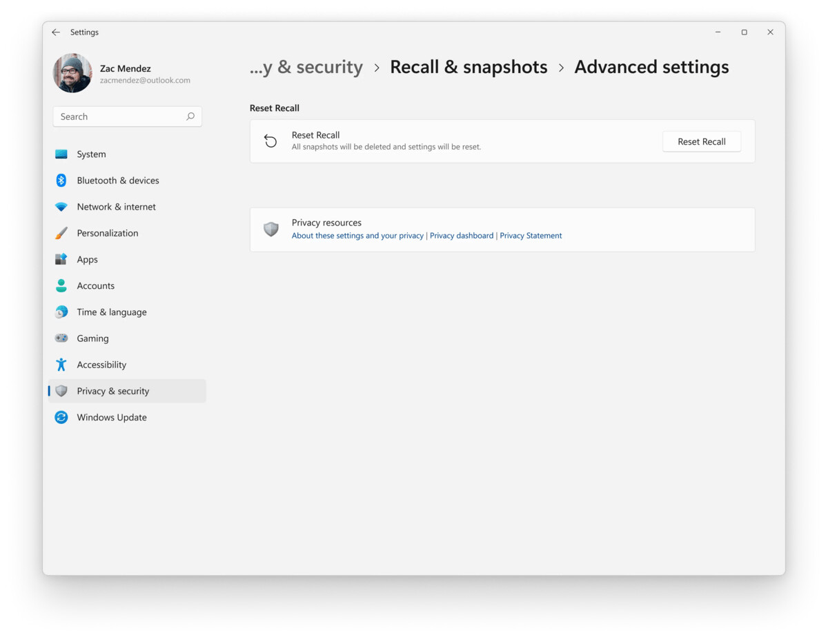 Recall Advanced Settings Reset