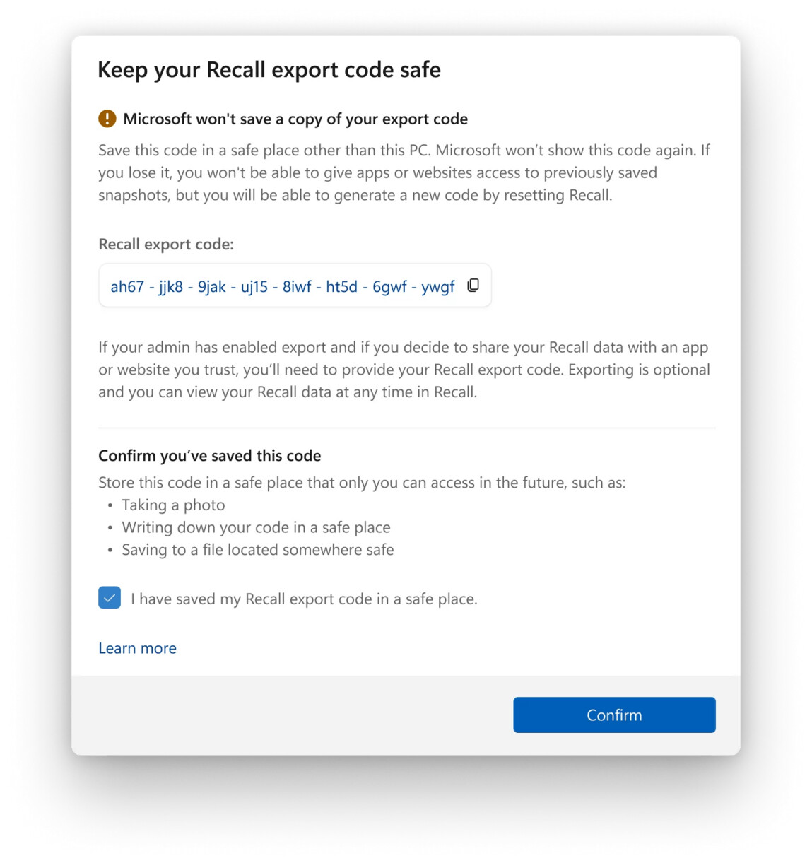 Recall Export Code Screen