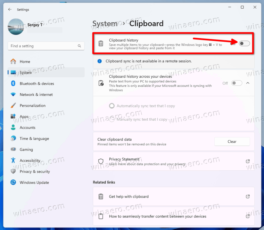 Clipboard History Toggle Switch