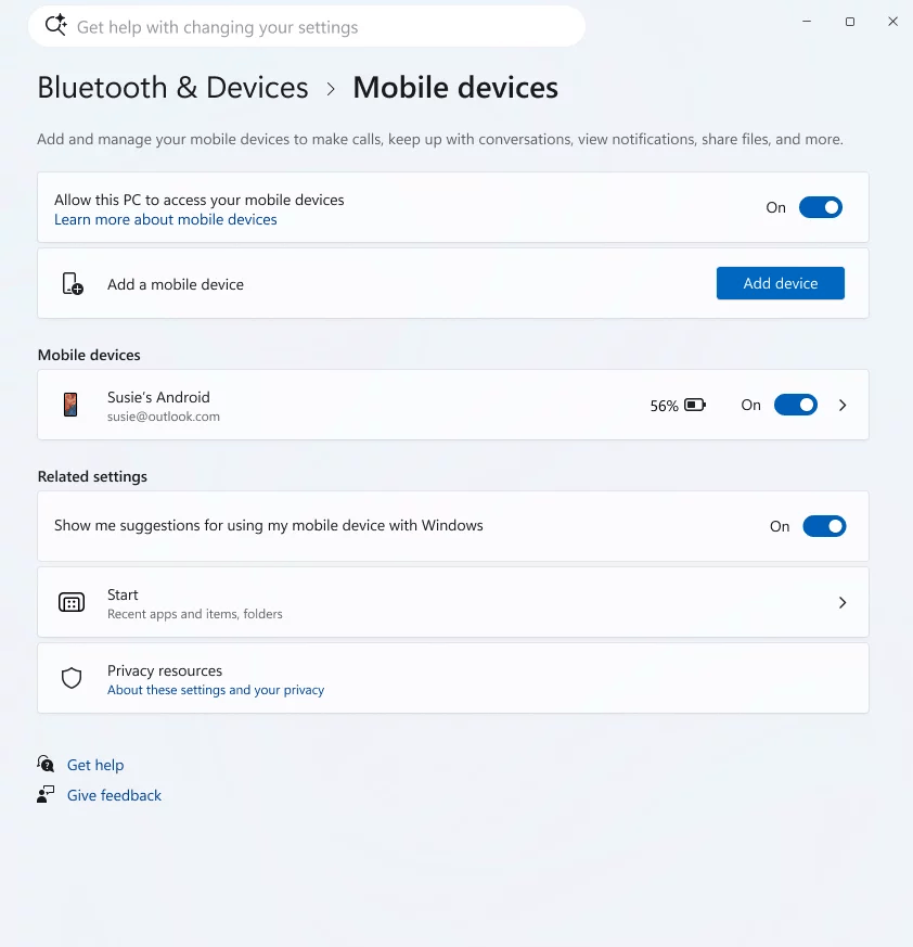 Mobile Device Settings Page