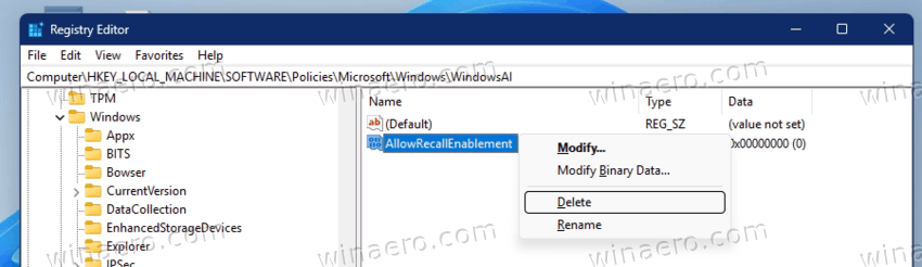 Delete The AllowRecallEnablement Value