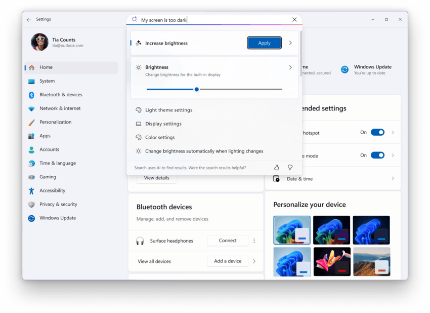 Settings Search Results Flyout