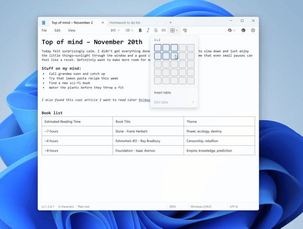 Notepad Markdown Tables 