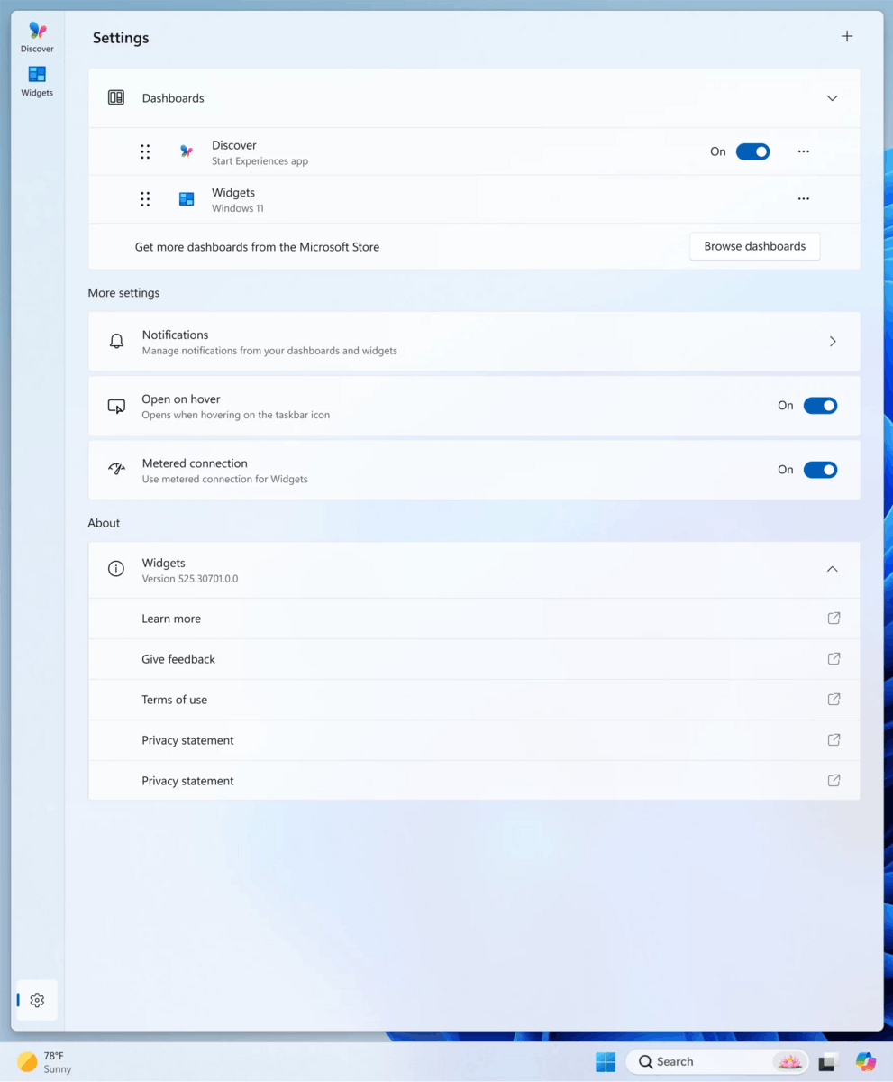 Widget Default Dashboard Settings