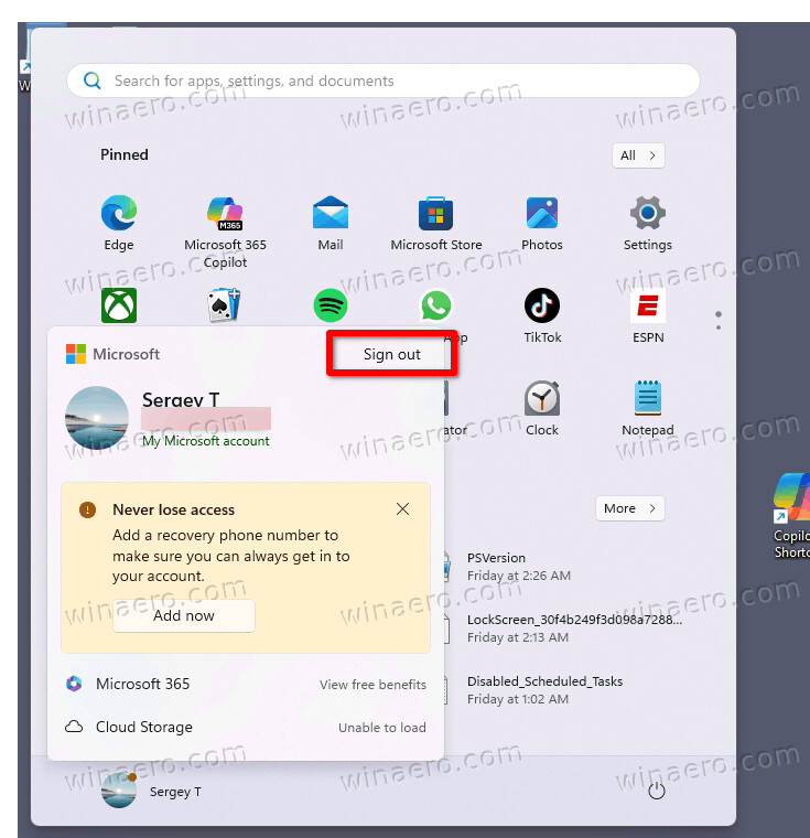 Click Sign Out In Start Menu