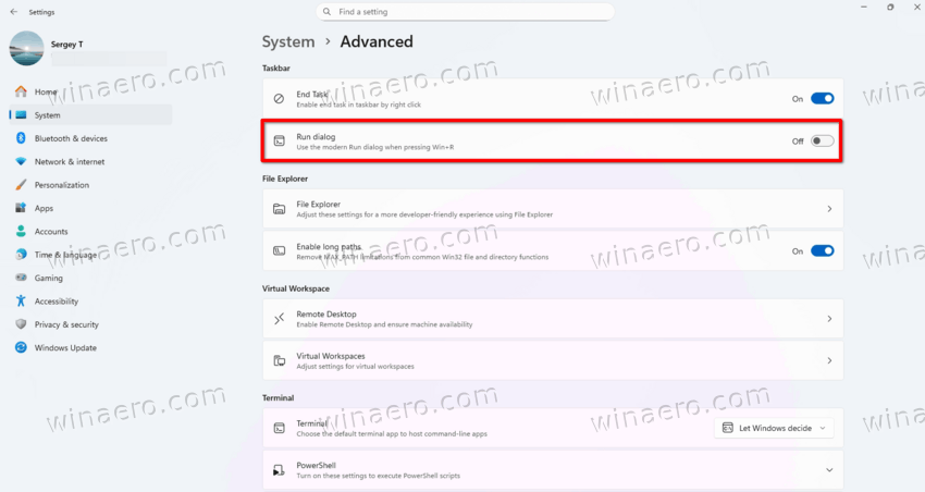 Run Dialog Option In Settings