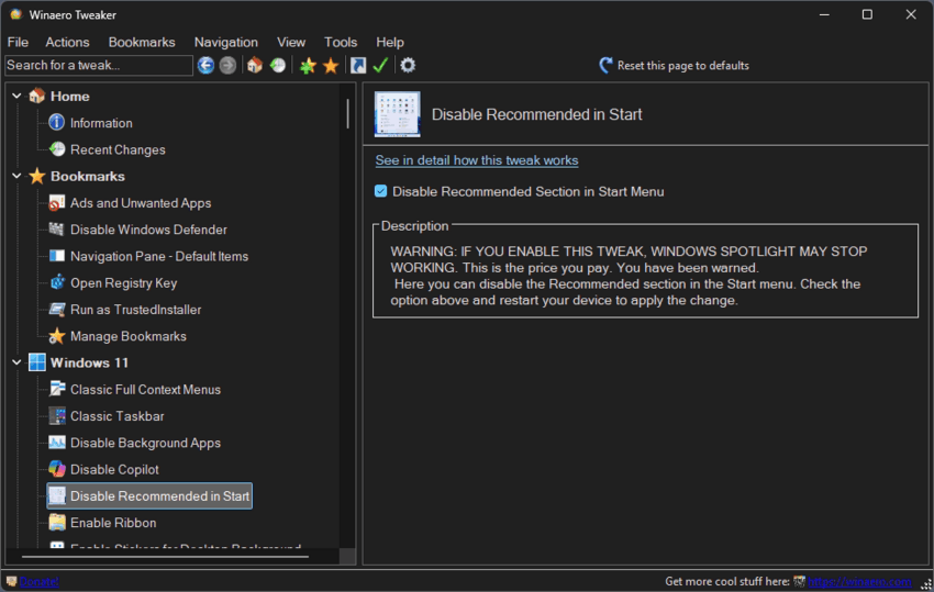 Winaero Tweaker Disable Recommended Section In Start