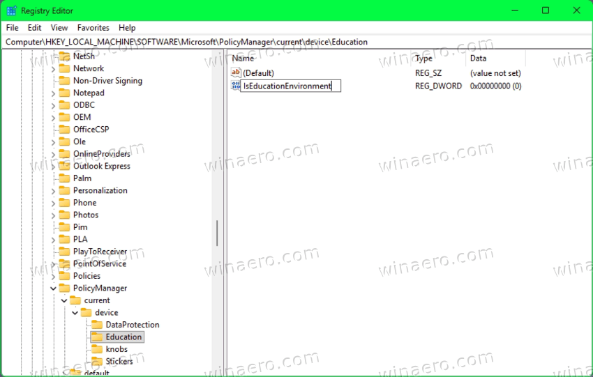 Create IsEducationEnvironment Dword
